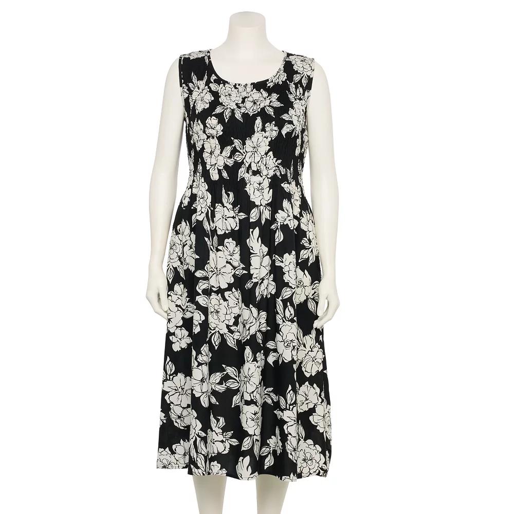 Plus Size Croft & Barrow® Smocked Midi Dress, Women's, Size: 2XL, Black Line Floral Product Image
