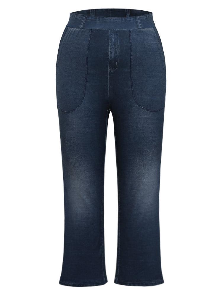 Denim Effect Print Elastic Waist Flare Leg Leggings Female Product Image