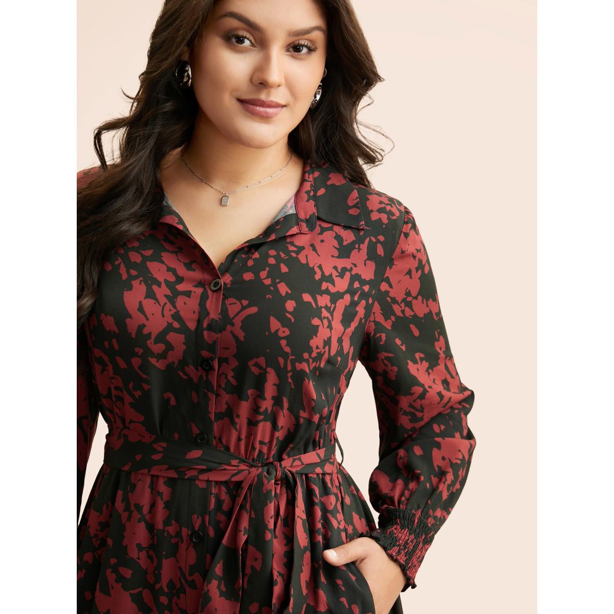Plus Size Silhouette Floral Print Shirt Collar Belted Dress BlackFlower Women Elegant Belted Shirt collar Long Sleeve Curvy BloomChic 10/M Product Image