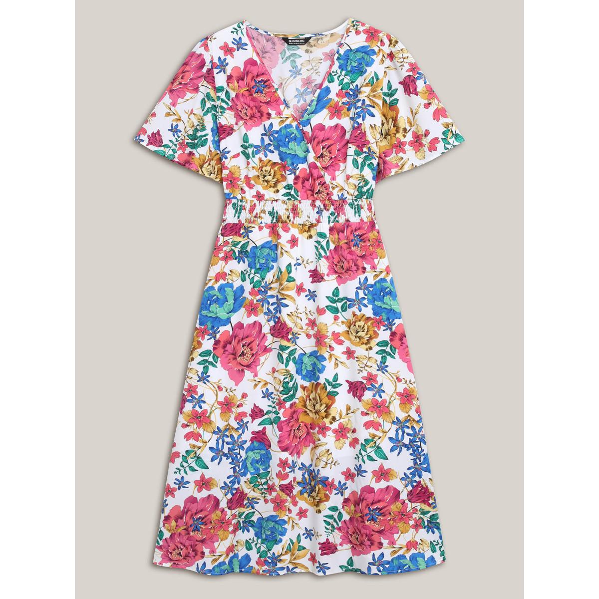 Plus Size Blooming Flowers Surplice Neck Pockets Dress Ivory Women Elegant Shirred Overlap Collar Short sleeve Curvy BloomChic 26/4X Product Image