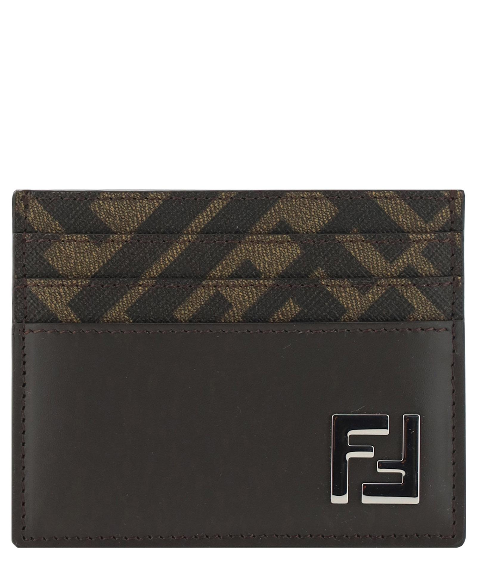 FENDI Brown Card-holder With Squared Ff Motif In Leather And Ff Canvas Man In Ebony Product Image