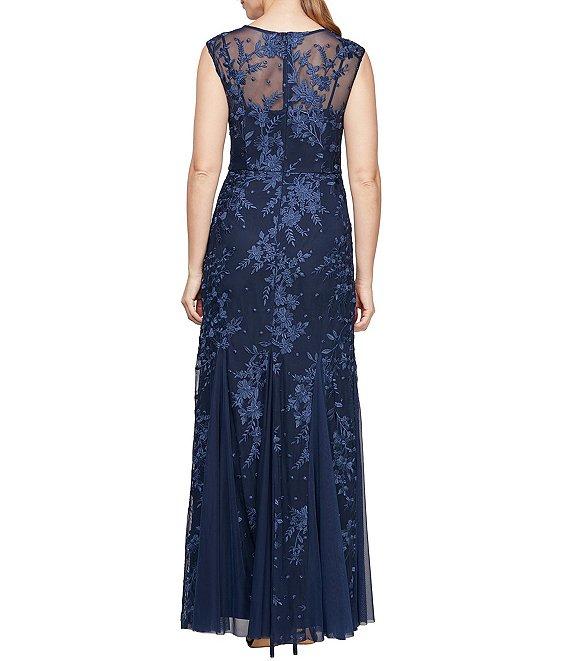 Alex Evenings Petite Size Cap Sleeves Illusion Boat Neck Godet Skirt Floral Embroidered Tulle Gown Product Image