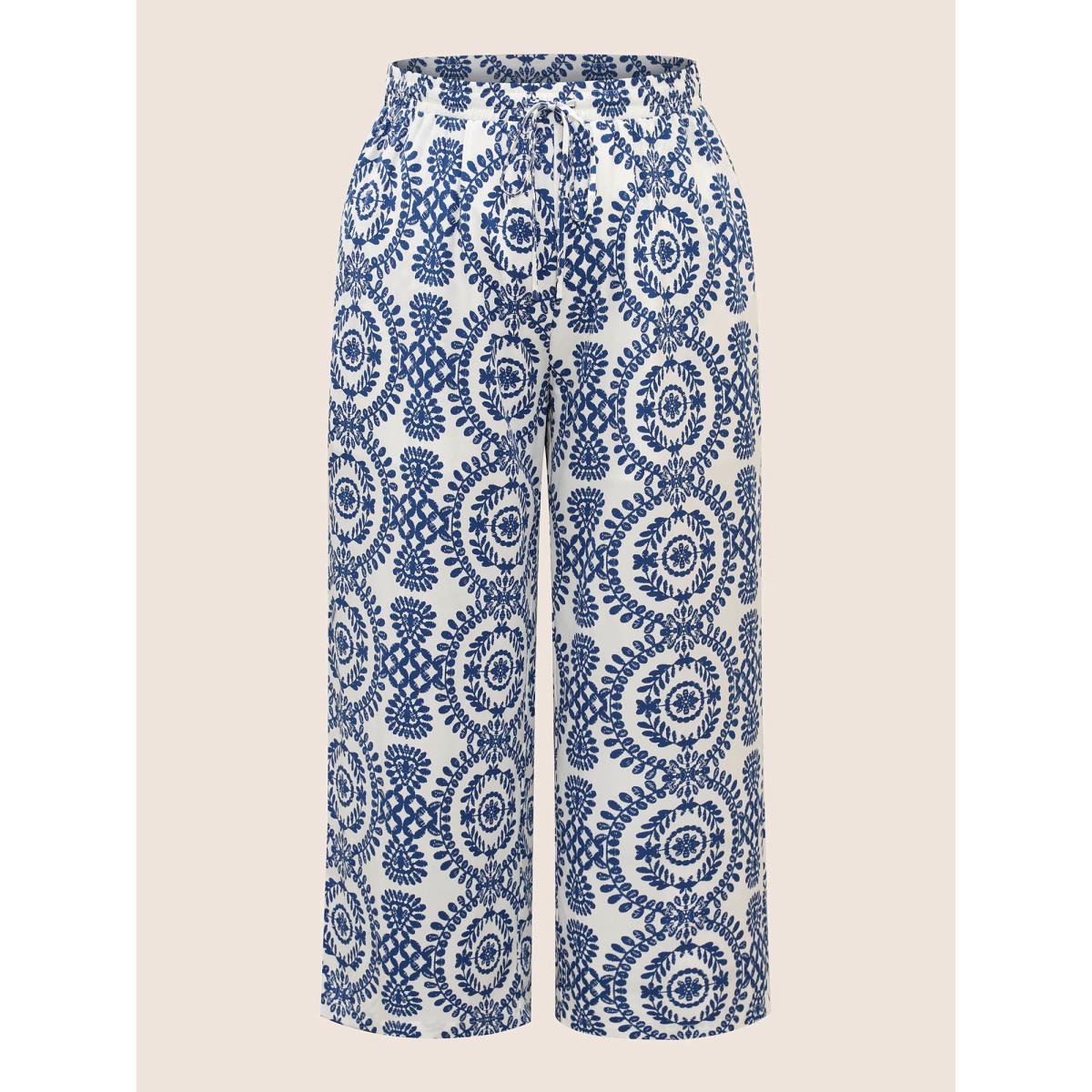 Plus Size Bandana Print Drawstring Wide Leg Pants Women Indigo Resort Wide Leg High Rise Vacation Pants BloomChic 18-20/2X Product Image
