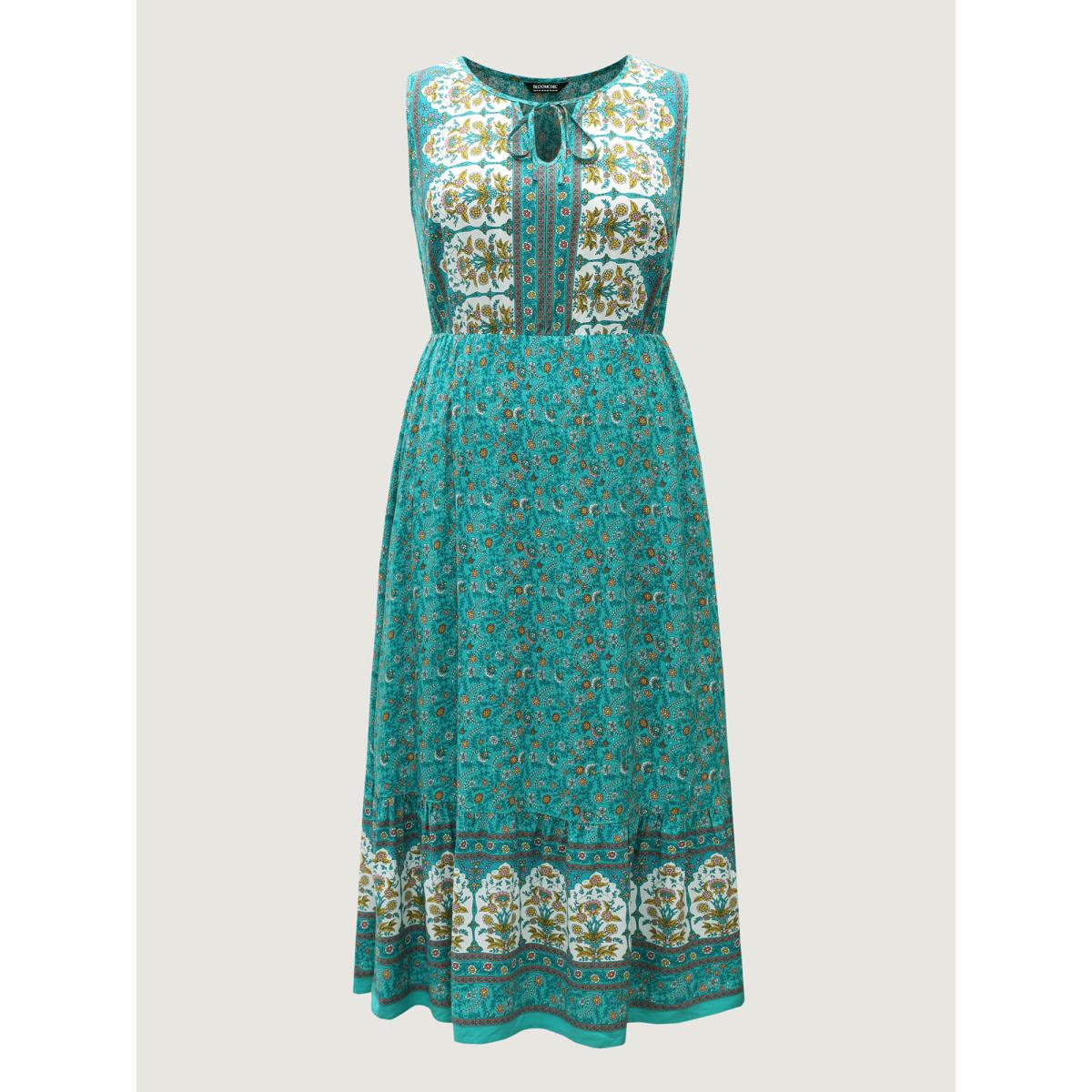 Plus Size Rayon Neck Cut-Out Ties Midi Dress Teal Women Tie knot Flat collar with V-notch Sleeveless Curvy BloomChic 12/L Product Image