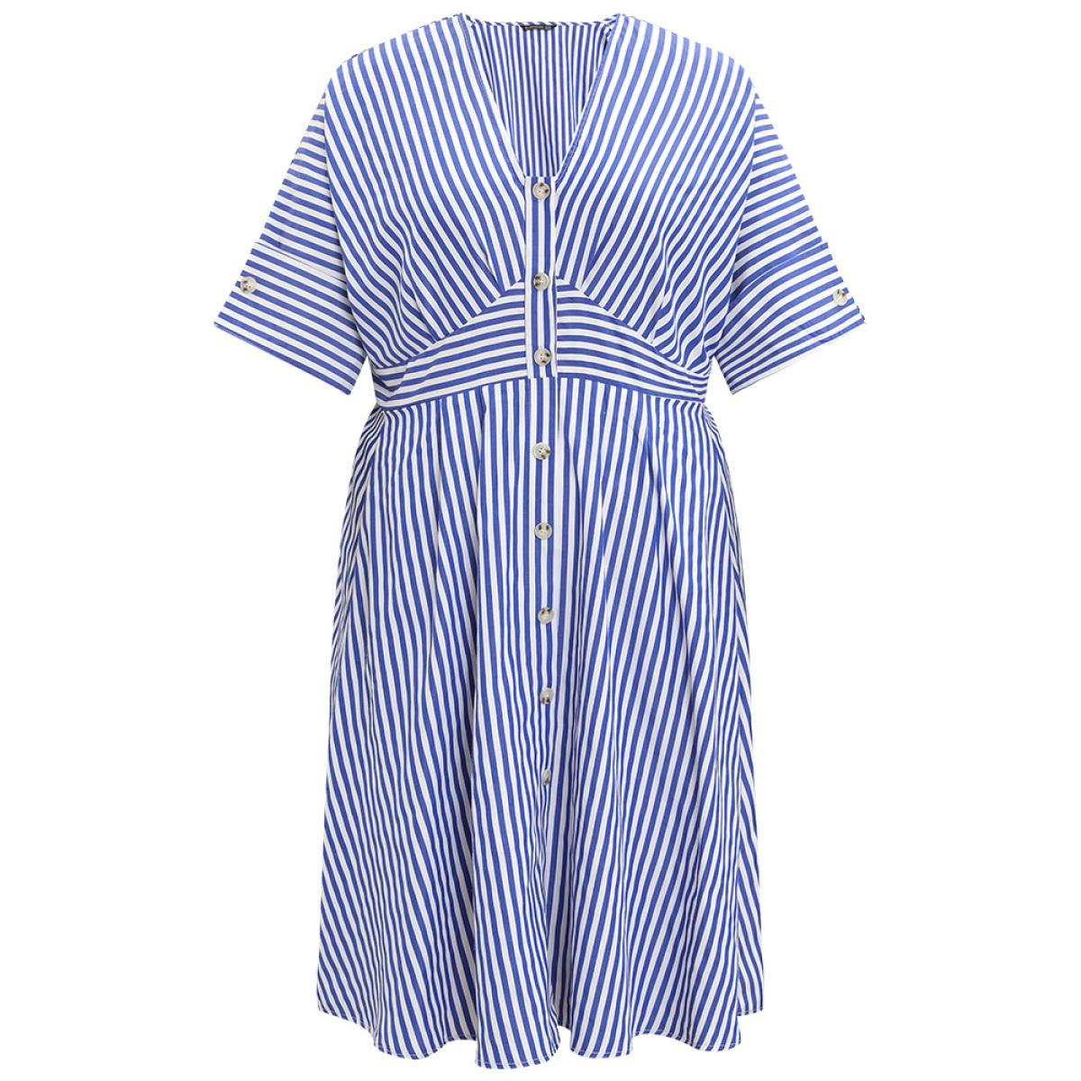 Plus Size V Neck Striped Pocket Ruffle Hem Button Detail Dress Blue Women Elegant Texture V-neck Half Sleeve Curvy Midi Dress BloomChic 18-20/2X Product Image
