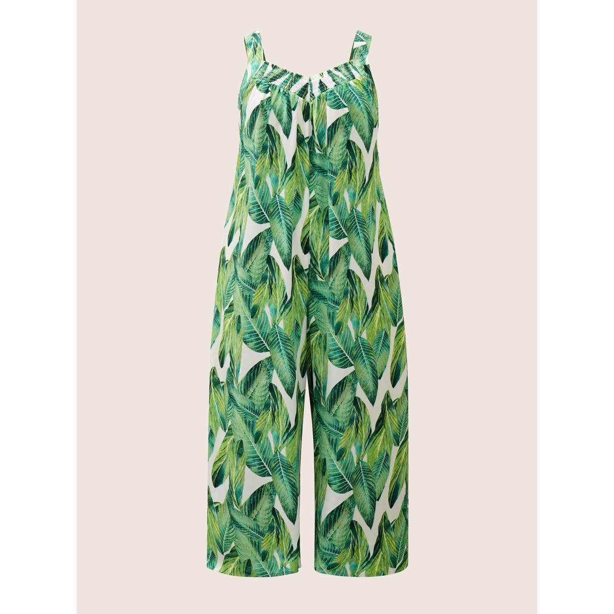 Plus Size Green Tropical Print Shirred Side Seam Pocket Jumpsuit Women Resort Sleeveless Non Vacation Loose Jumpsuits BloomChic 30/6X Product Image