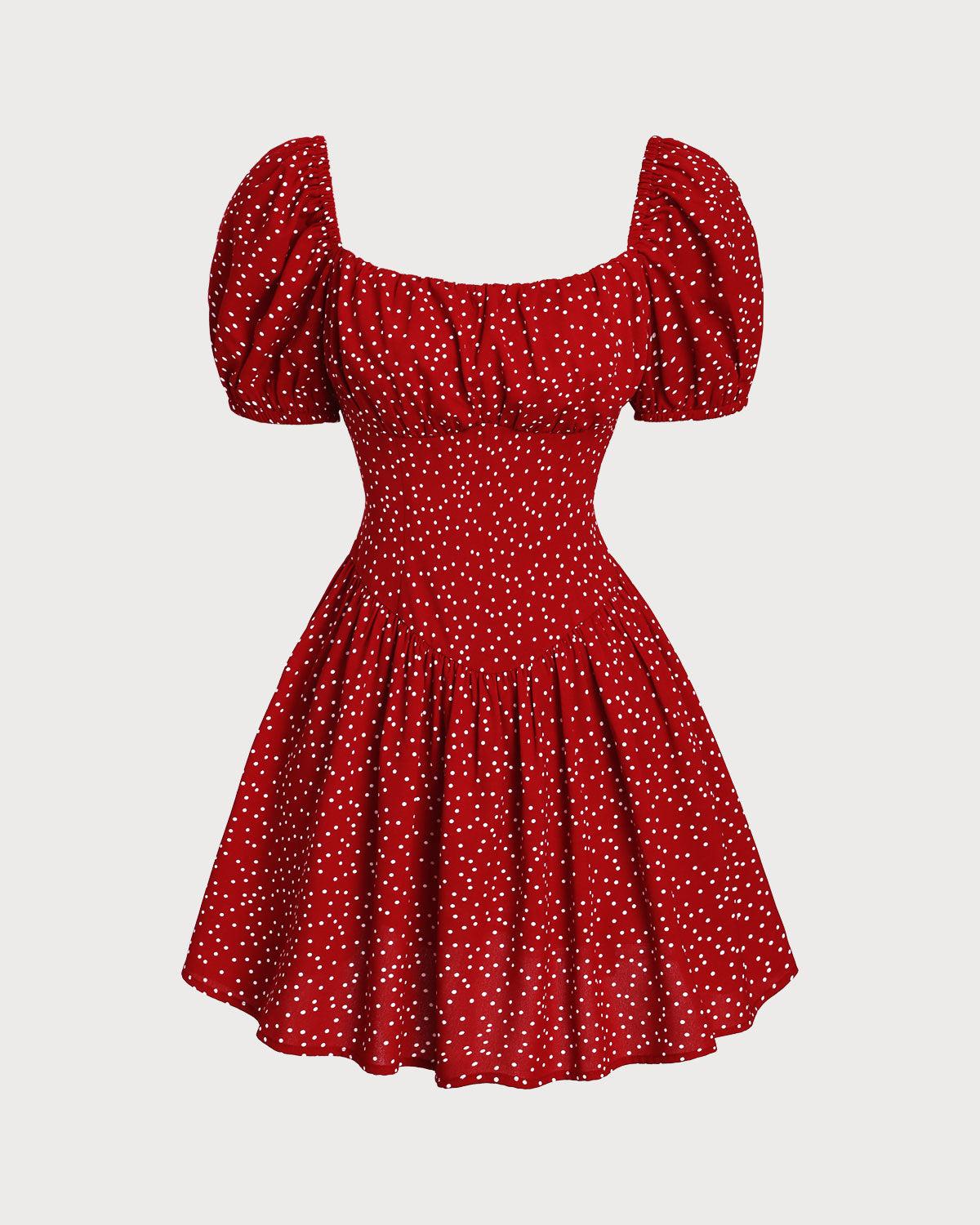 Red Polka Dot Square Neck Mini Dress Product Image