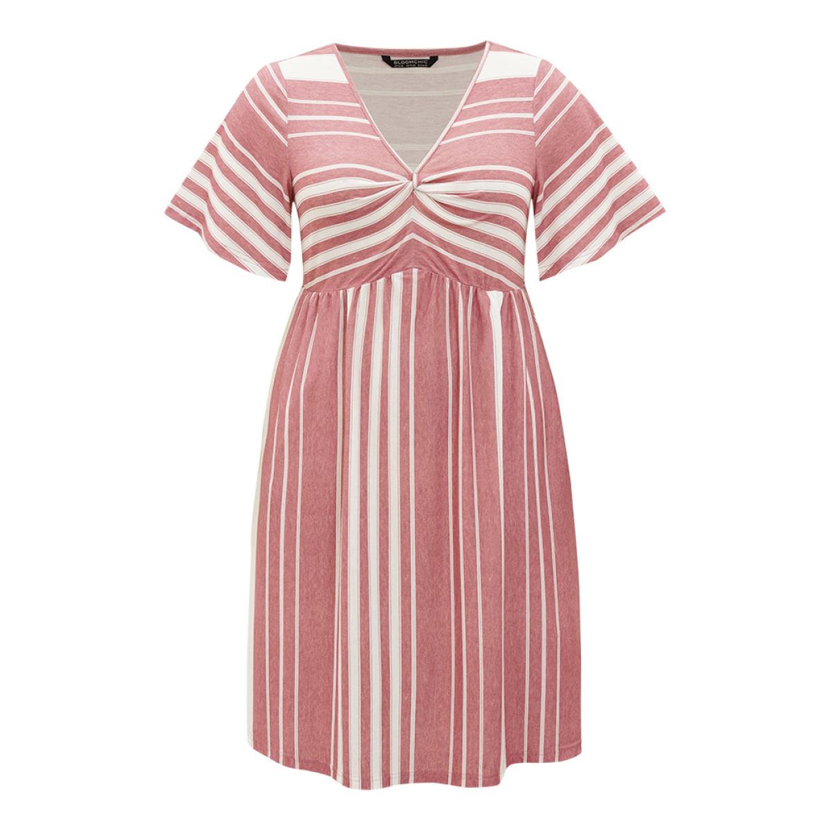 Plus Size Striped Print Pocket Twist Front Dress DustyPink Women Casual Elastic Waist V-neck Short sleeve Curvy Midi Dress BloomChic 22-24/3X Product Image