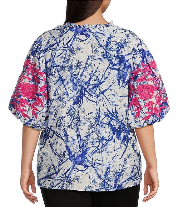Calessa Plus Size Embroidered Printed Ruffled Split V-Neck Elbow Length Sleeve Tunic Product Image