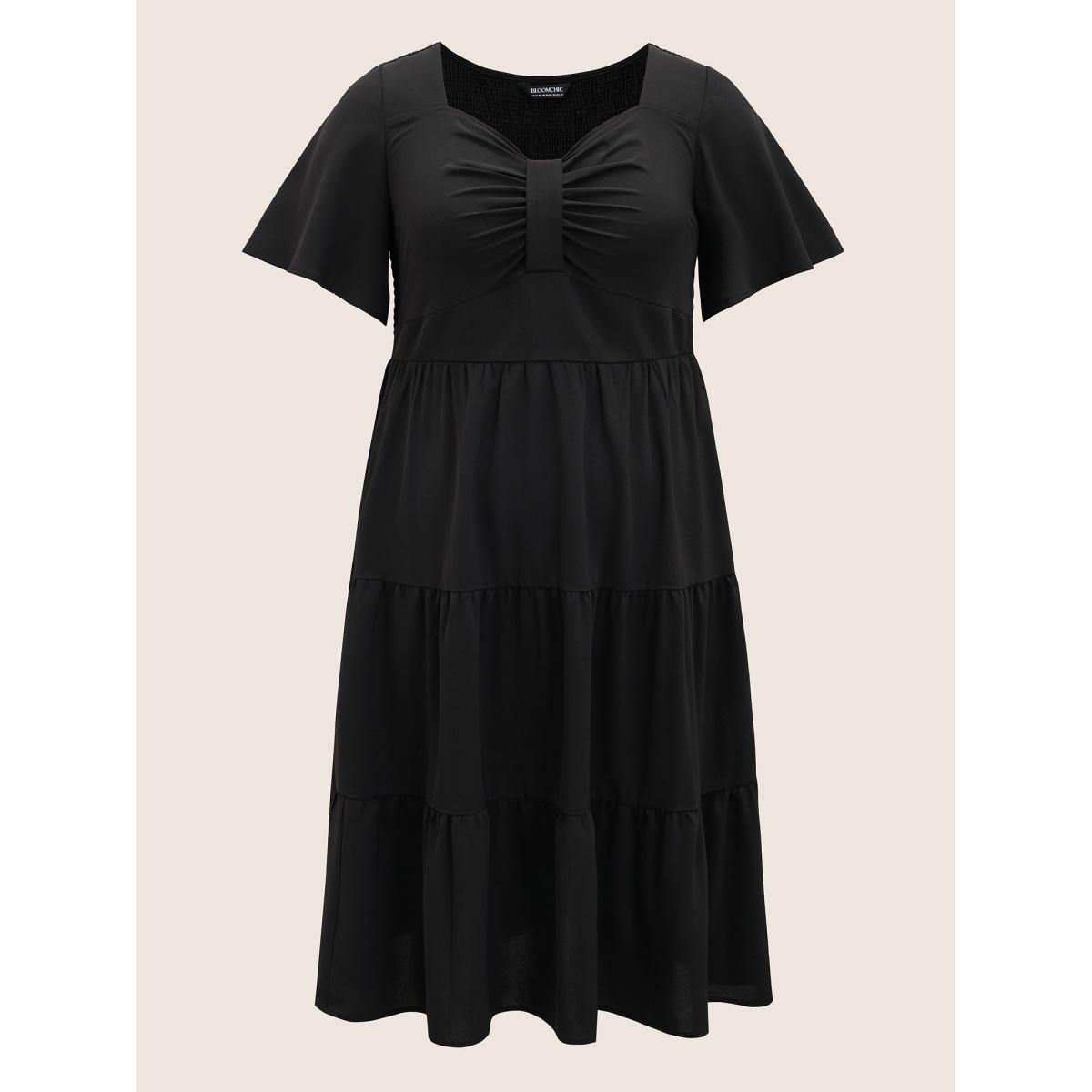 Plus Size Heart Neckline Ruched Ruffle Layered Hem Dress Black Women Elegant Gathered Heart neckline Short sleeve Curvy BloomChic 12/L Product Image