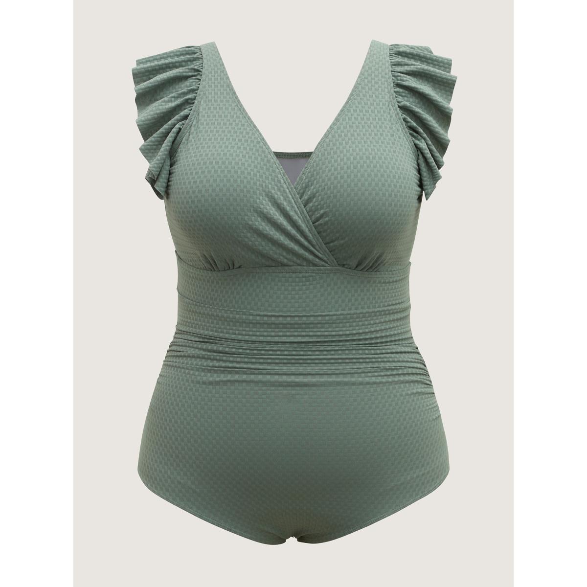 Plus Size Textured Ruffled Solid One-Piece Swimsuit Women's Swimwear Greenbean Resort Texture Curve Bathing Suits High stretch One Pieces BloomChic 28/5X Product Image