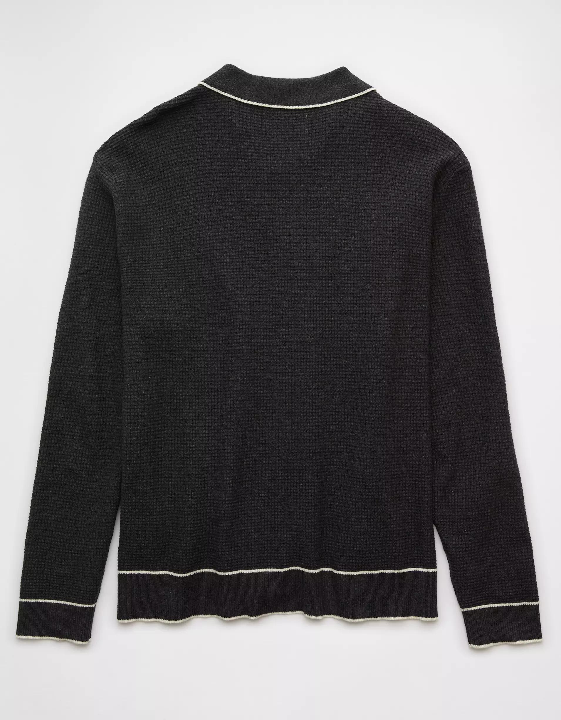 AE Long-Sleeve Tipped Waffle Sweater Polo Shirt Product Image