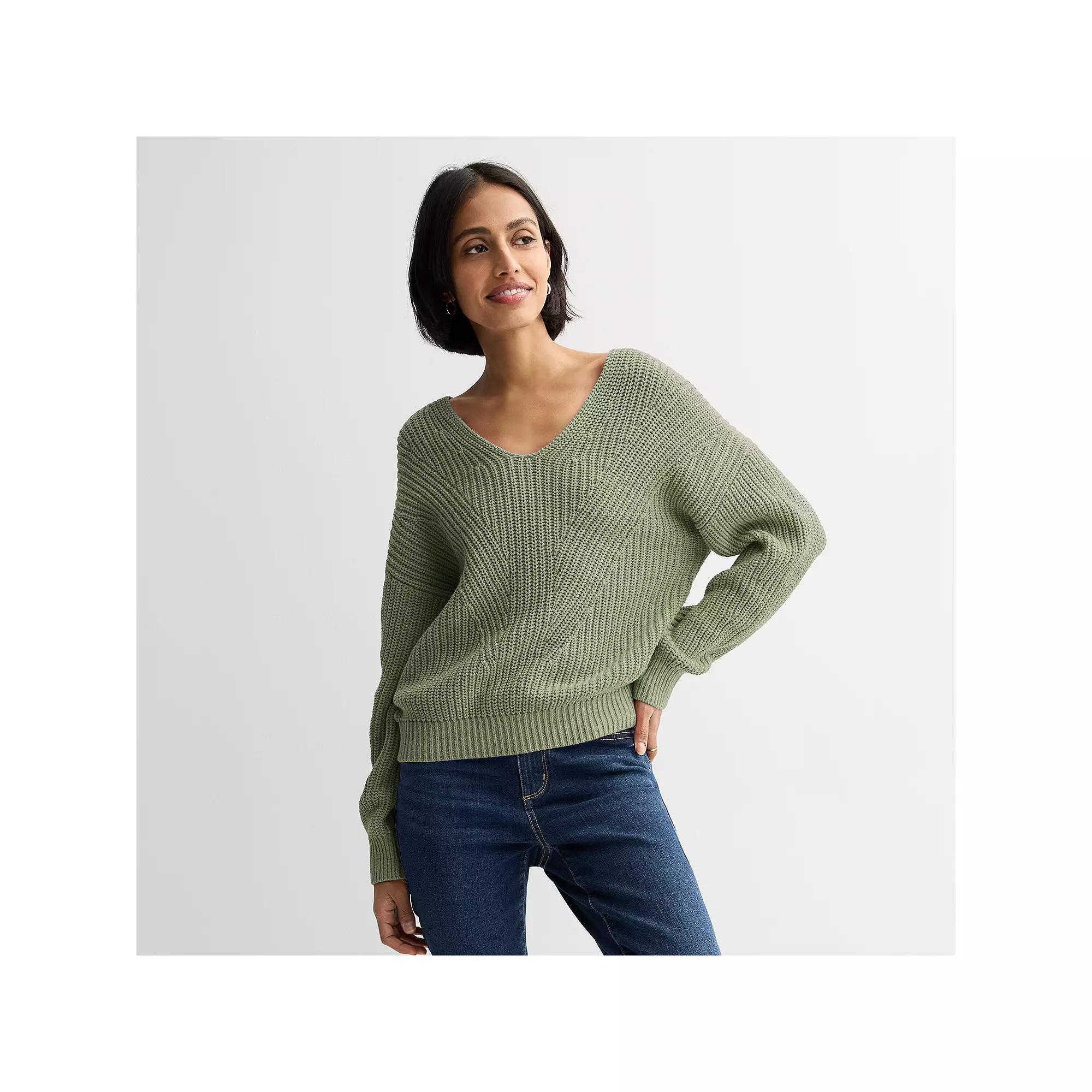 Women's Sonoma Goods For Life® Mixed Stitch V-Neck Sweater, Size: Medium, Washed Madri Green Product Image
