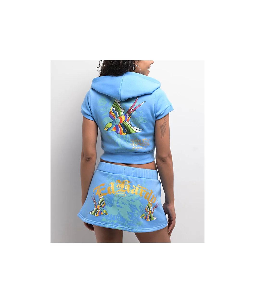 Ed Hardy Swallows Sky Blue Short Sleeve Crop Zip Hoodie Product Image