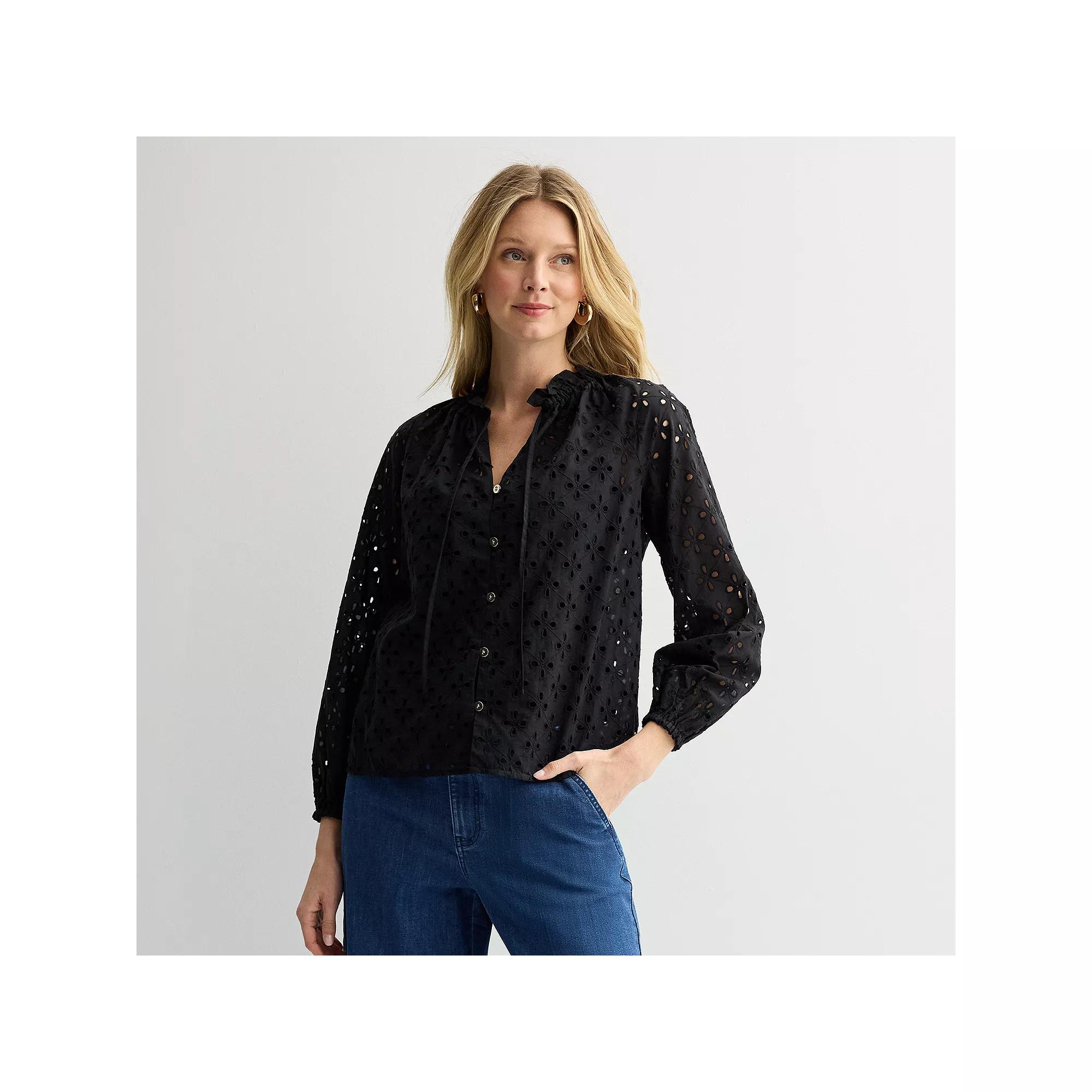 Women's Nine West Ruffle Collar Blouse, Size: Large, Mineral Black Product Image