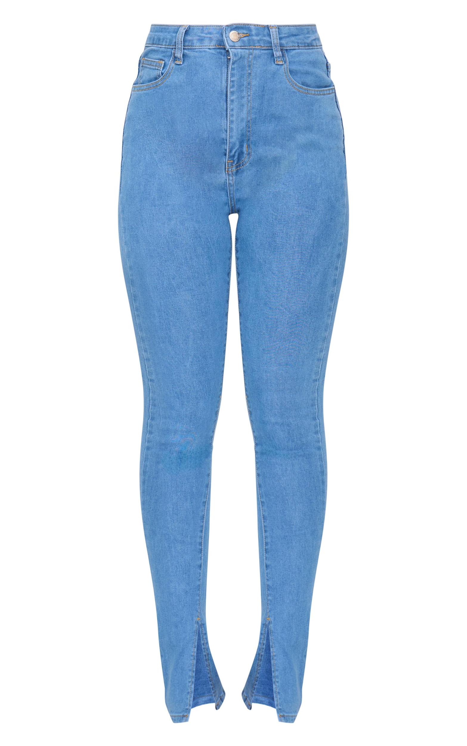 Light Blue Wash Side Split Hem Skinny Jeans Product Image