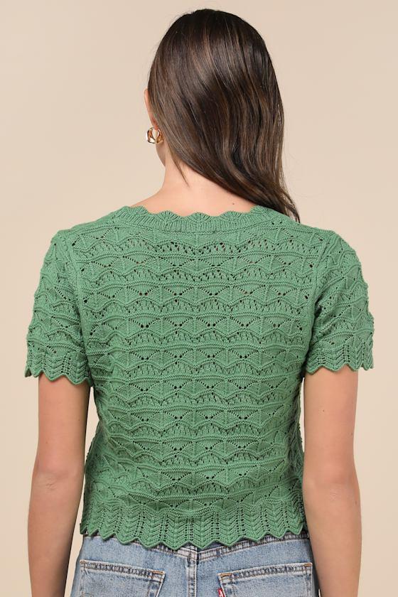 Sweetest Example Dark Green Pointelle Knit Short Sleeve Top Product Image