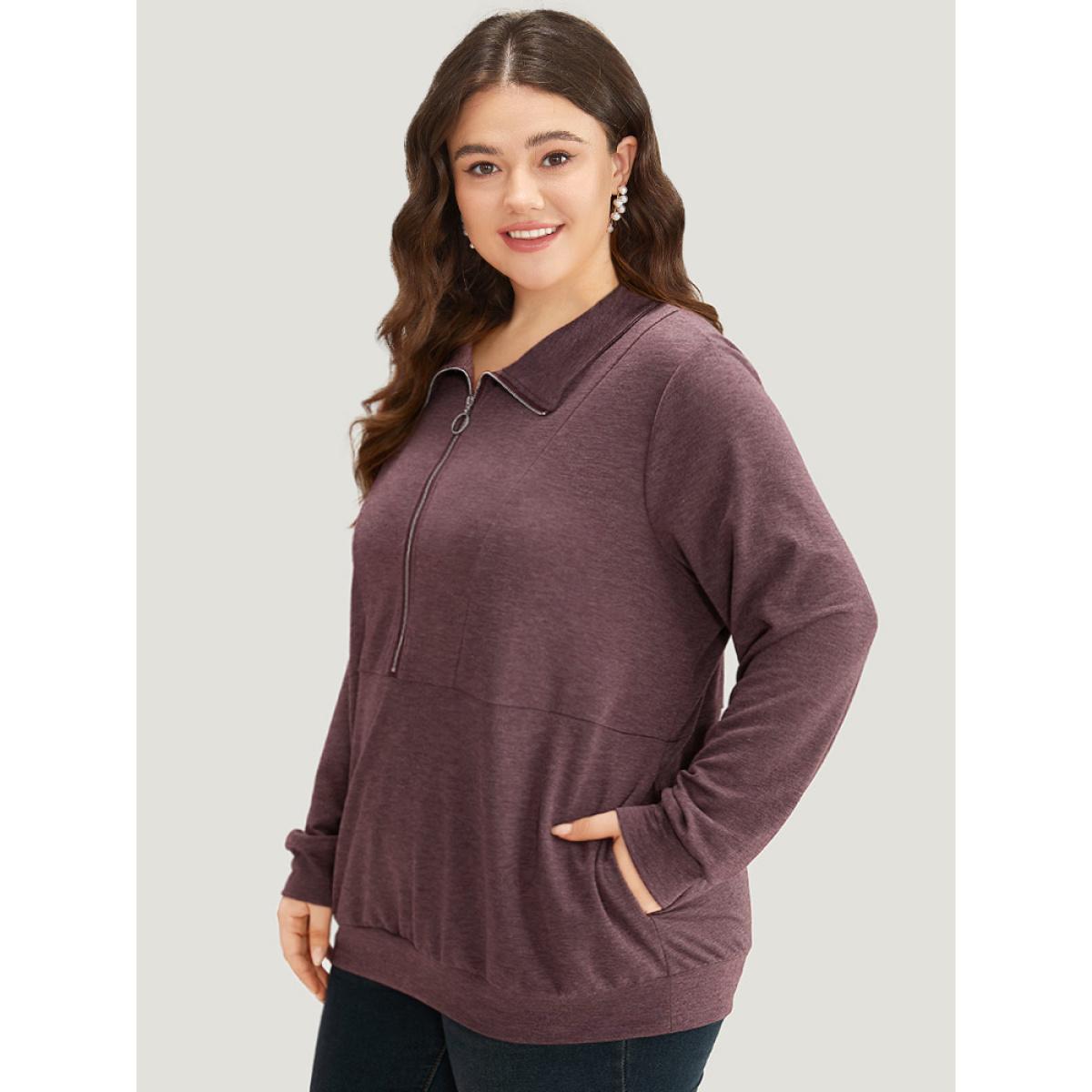 Plus Size Plain O Ring Half Zip Sweatshirt Women Eggplant Casual Plain Lapel Collar Dailywear Sweatshirts BloomChic 10/M Product Image