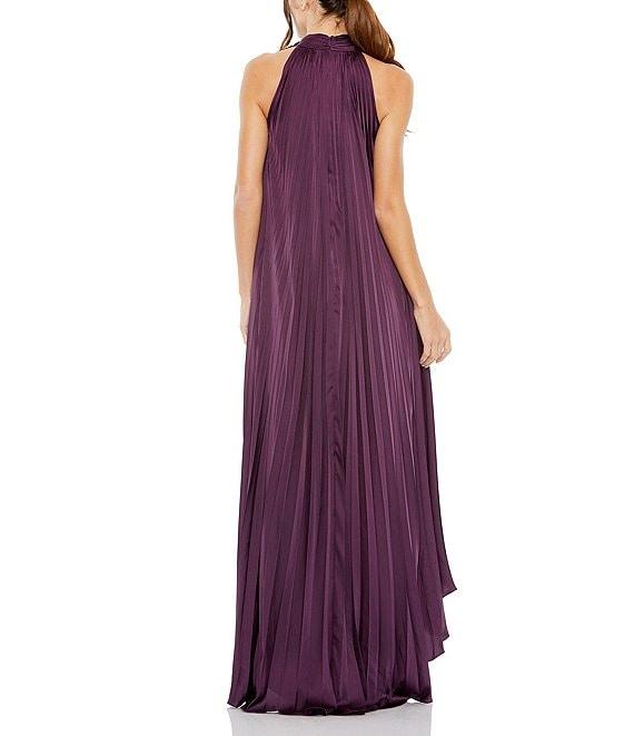 Mac Duggal Satin Pleated Halter Neck Sleeveless High-Low Hem Caftan Gown Product Image