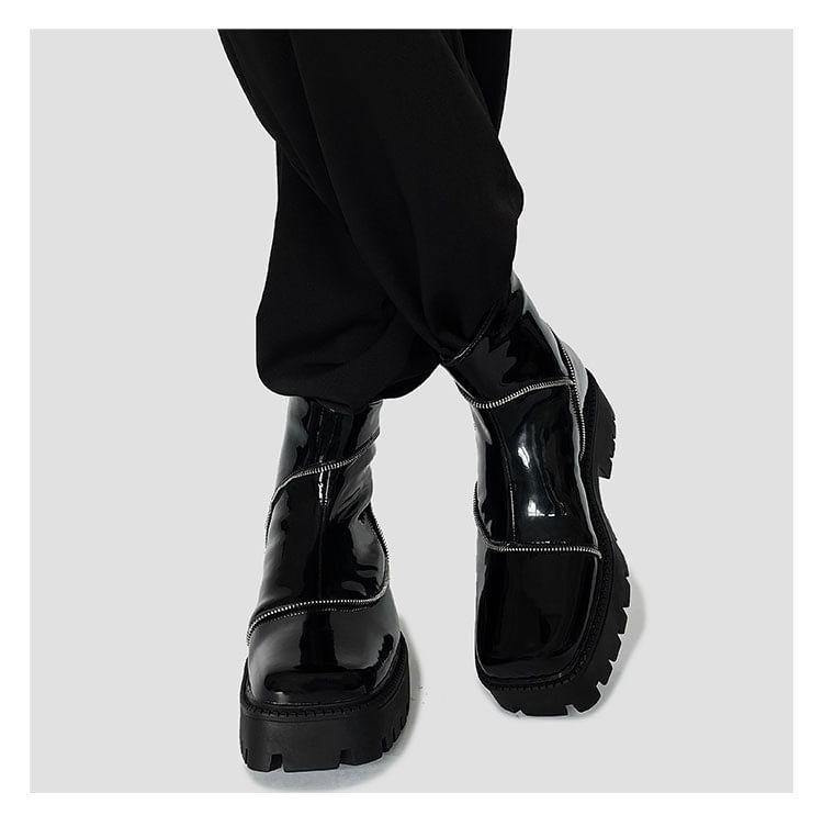 Platform Square Toe Plain Zipped Genuine Leather Short Boots Product Image