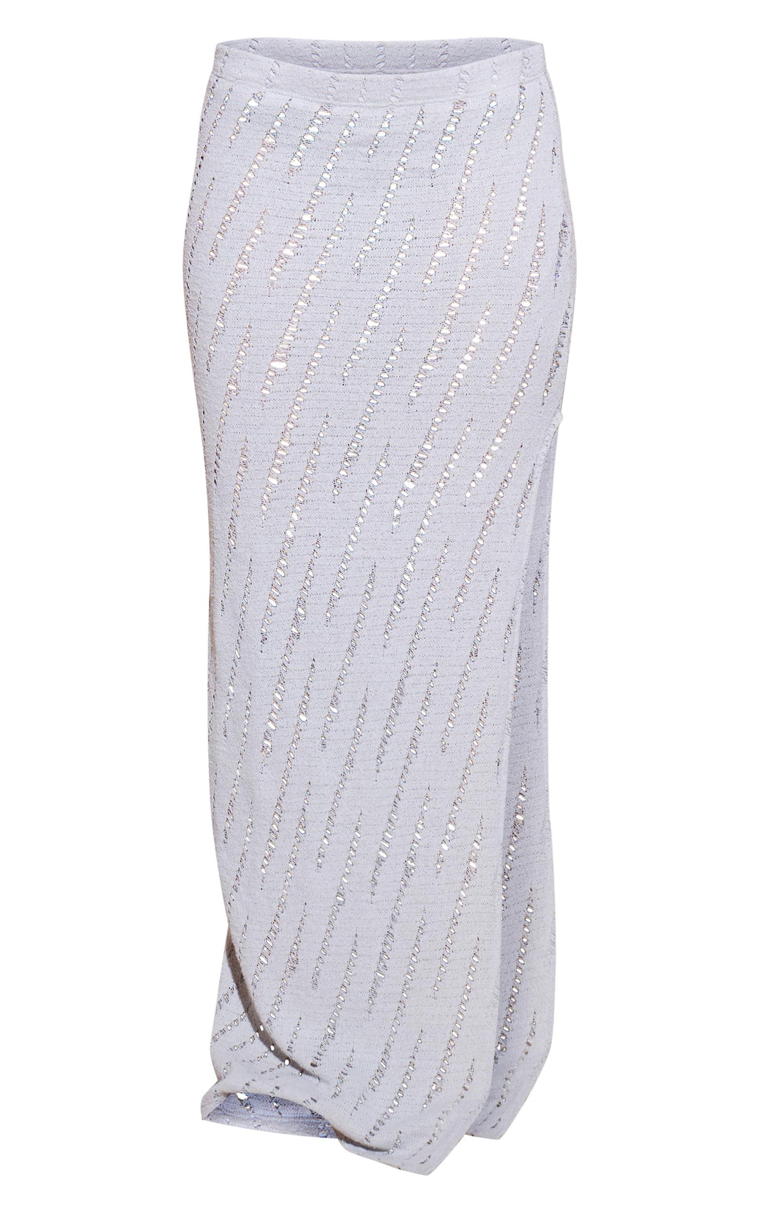 Pale Grey Distressed Knit Maxi Skirt Product Image