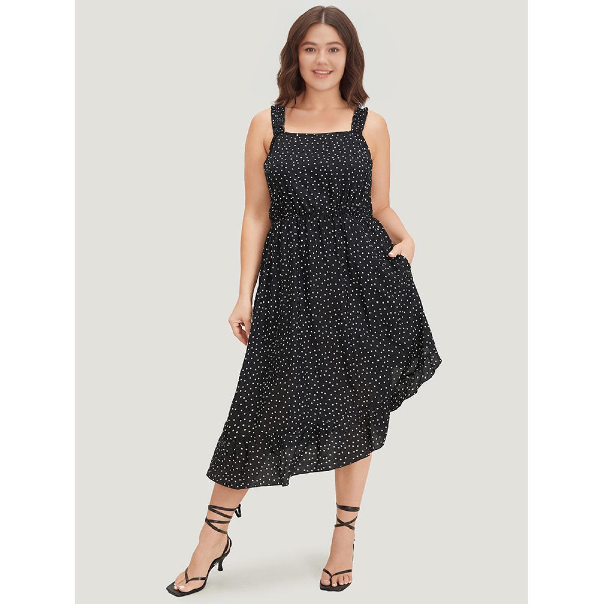 Plus Size Polka Dot Square Neck Ruffle Asymmetrical Hem Cami Dress Black Women Elegant Gathered Spaghetti Strap Sleeveless Curvy Midi Dress BloomChic 14-16/1X Product Image