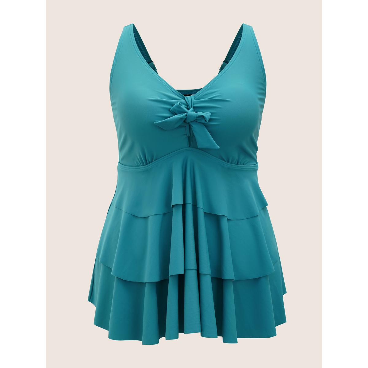 Plus Size Knotted Front Ruffle Tiered Tankini Top Women's Swimwear Turquoise Beach Ruffles High stretch Bodycon V-neck Curve Swim Tops BloomChic 22-24/3X Product Image