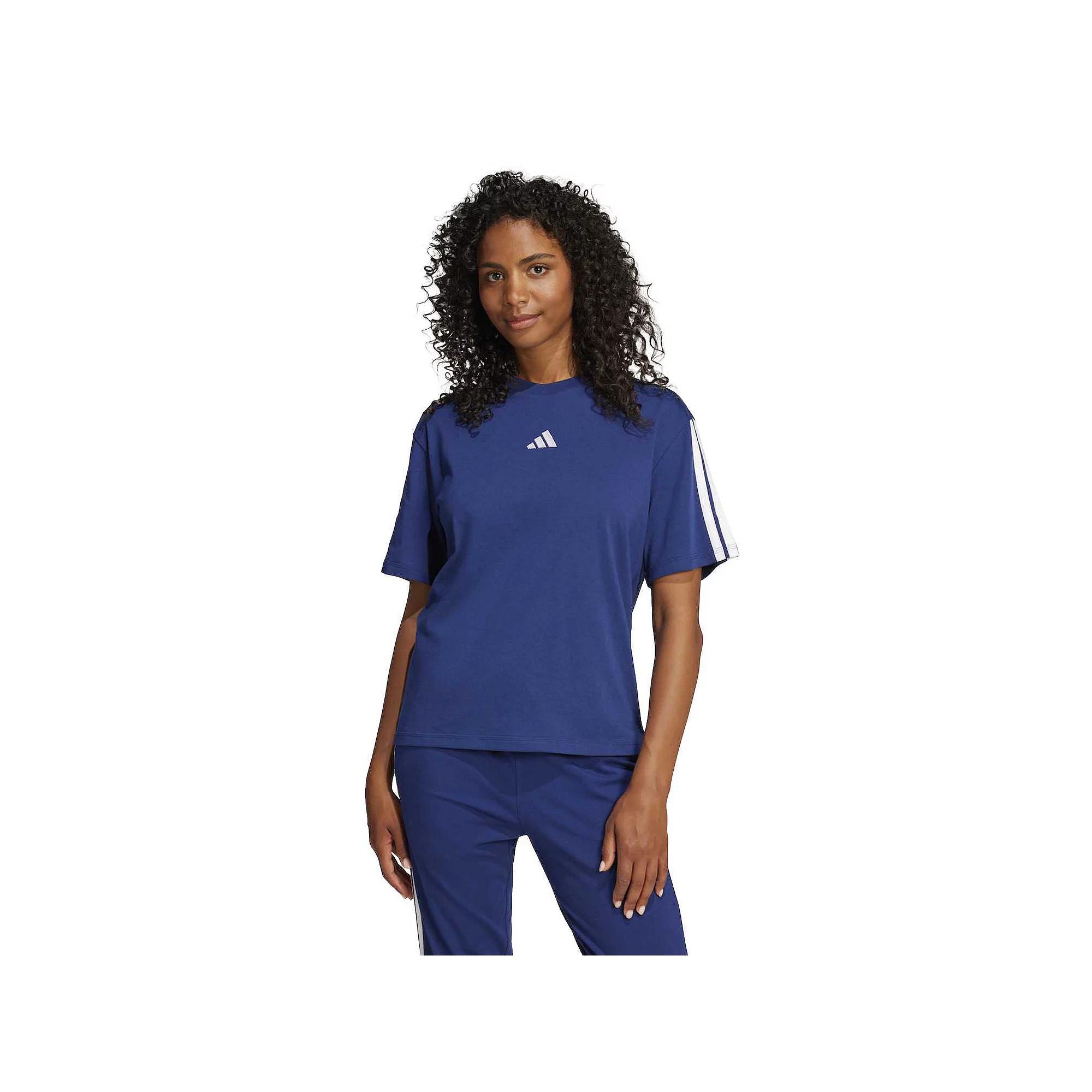 Women's adidas Essentials 3-Stripes Boyfriend Sportswear Tee, Size: XS, Dark Blue White Product Image