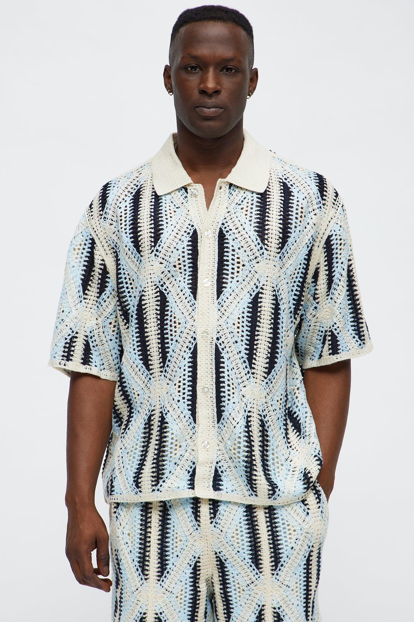 Cropped Relaxed Triangles Knit Closed Collar Shirt - Blue/combo Male Product Image