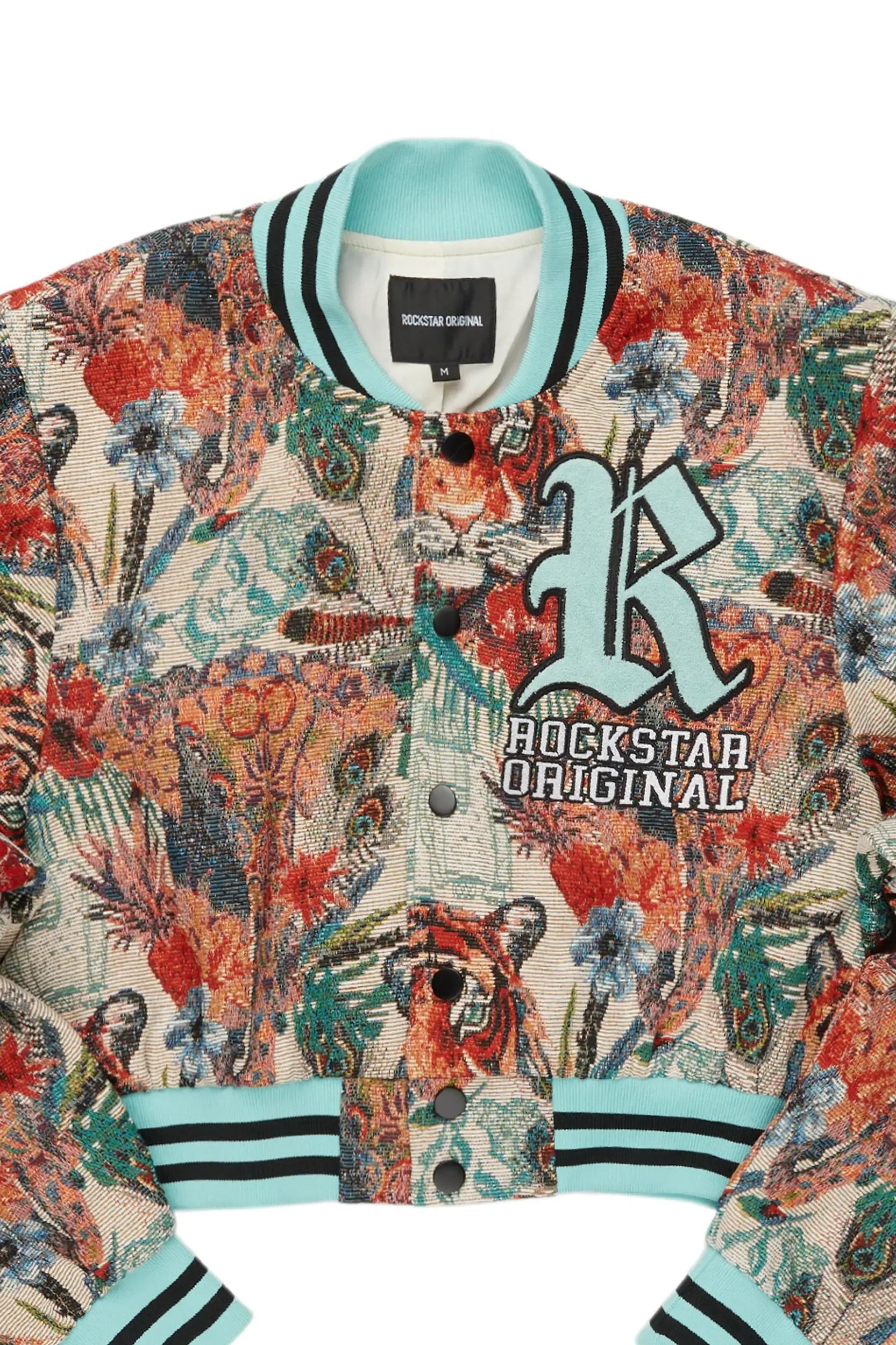 Rena Beige Crop Tapestry Varsity Jacket Female Product Image