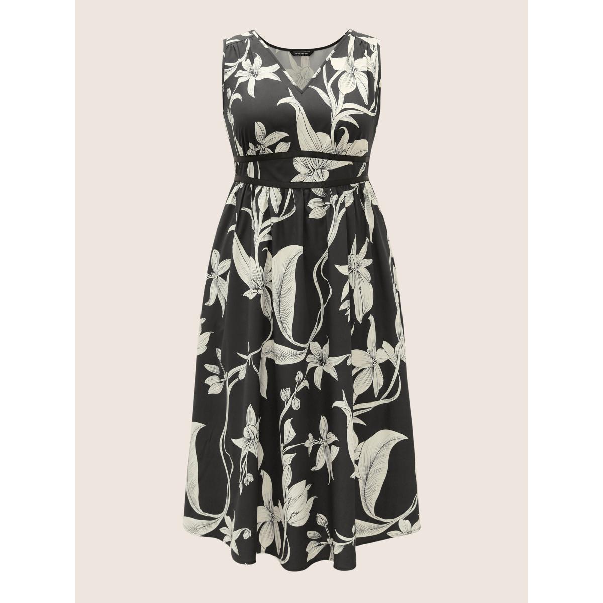 Plus Size Floral Print Gathered Pocket Tank Dress Black Women Casual Pleated V-neck Sleeveless Curvy BloomChic 14-16/1X Product Image