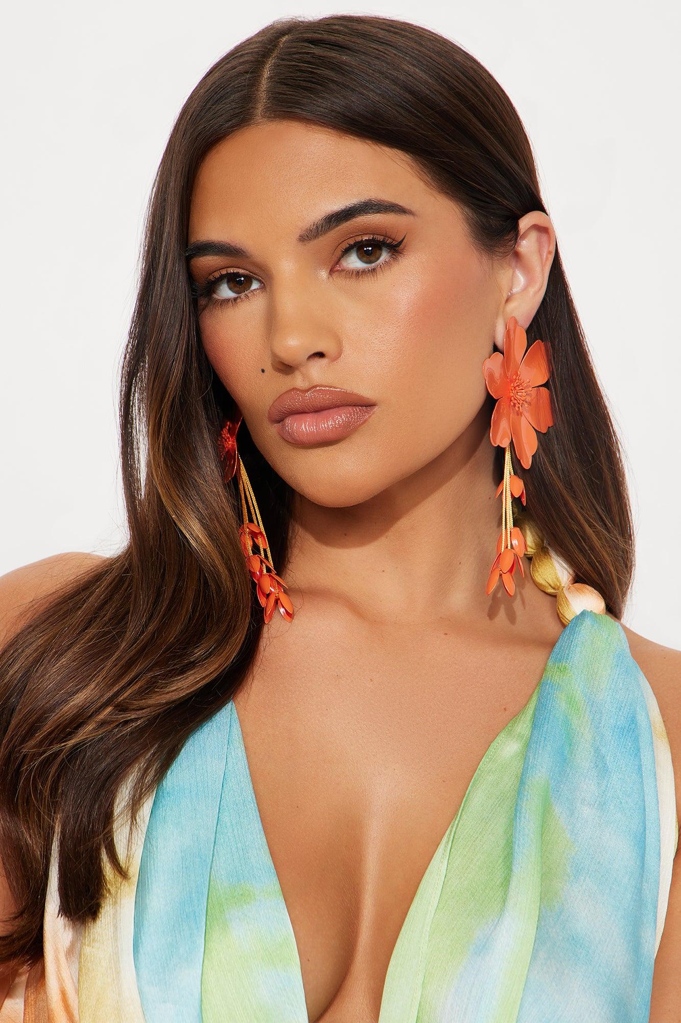 Tropical Vibe Floral Earrings - Orange Product Image