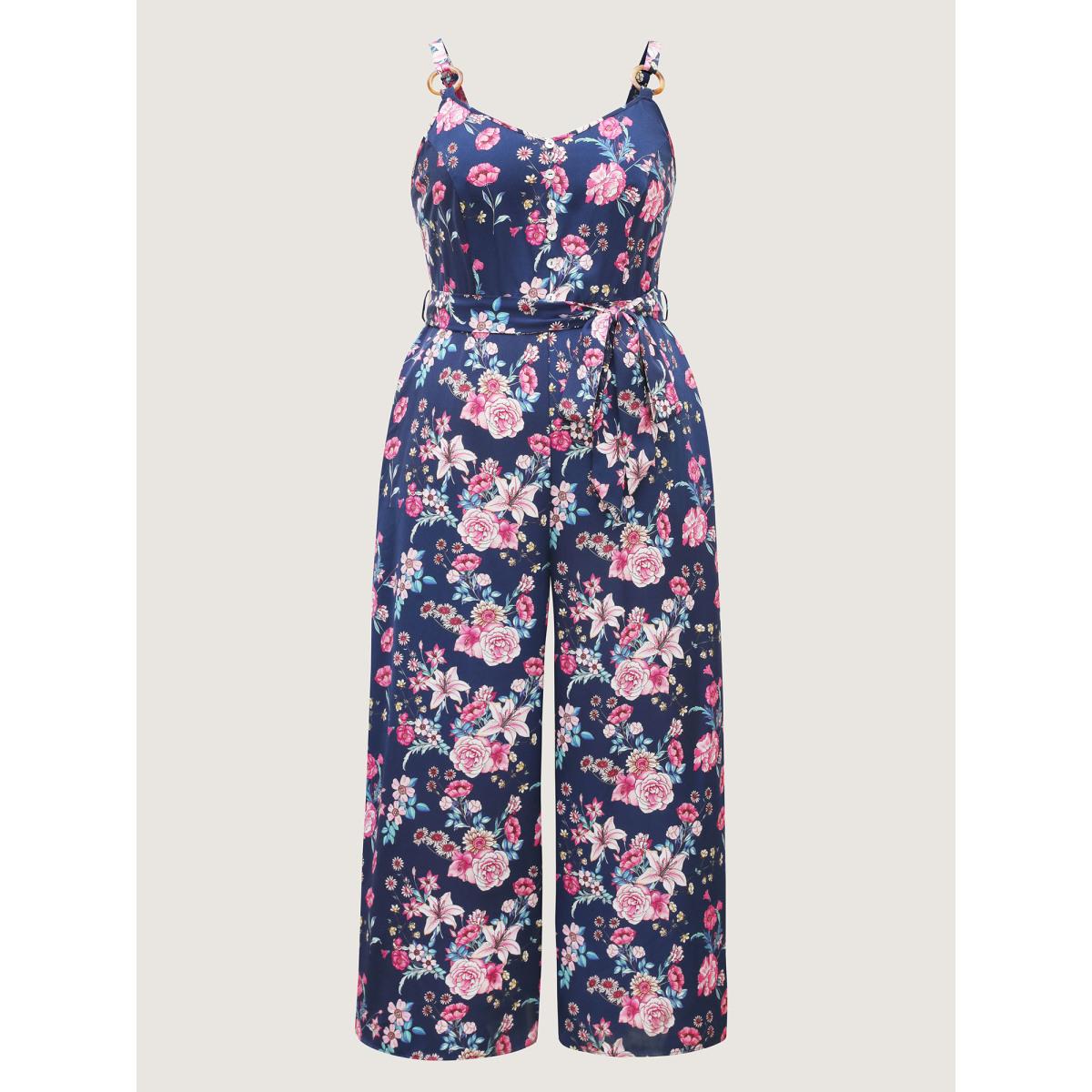 Plus Size Indigo Rosy Print Belted Pockets Jumpsuit Women Sleeveless Non Elegant Loose Jumpsuits BloomChic 12/L Product Image