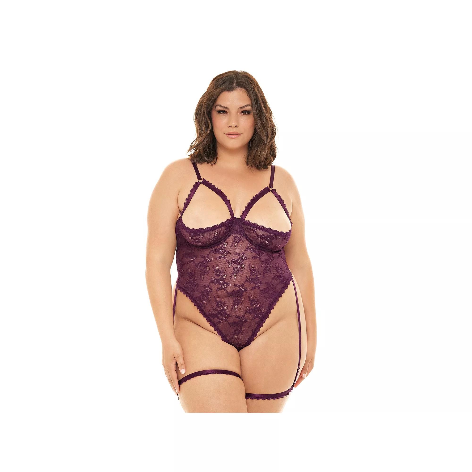 Plus Size Oh La La Cheri Elayne Open Cup Lace Bodysuit 52-11739X, Women's, Size: 1XL-2XL, Potent Purple Product Image