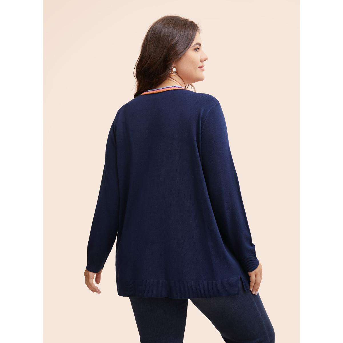 Plus Size Contrast Striped Trim Patch Pocket Cardigan Indigo Women Casual Loose Long Sleeve Everyday Cardigans BloomChic 10/M Product Image