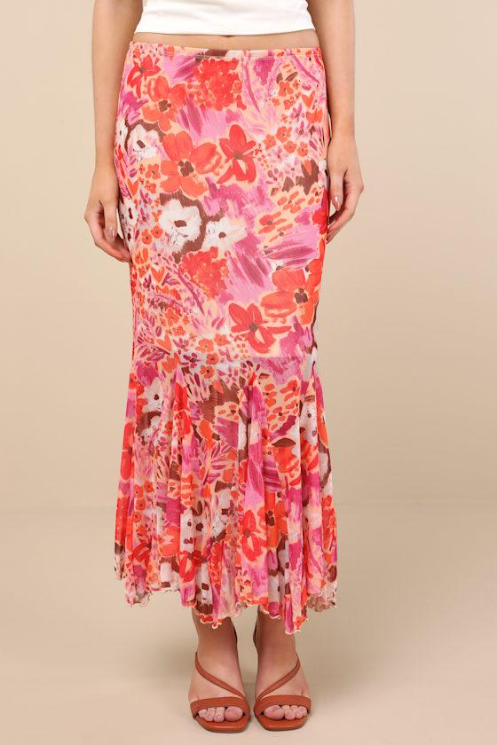 Lilika Orange Multi Floral Mesh Ruffled Midi Skirt Product Image
