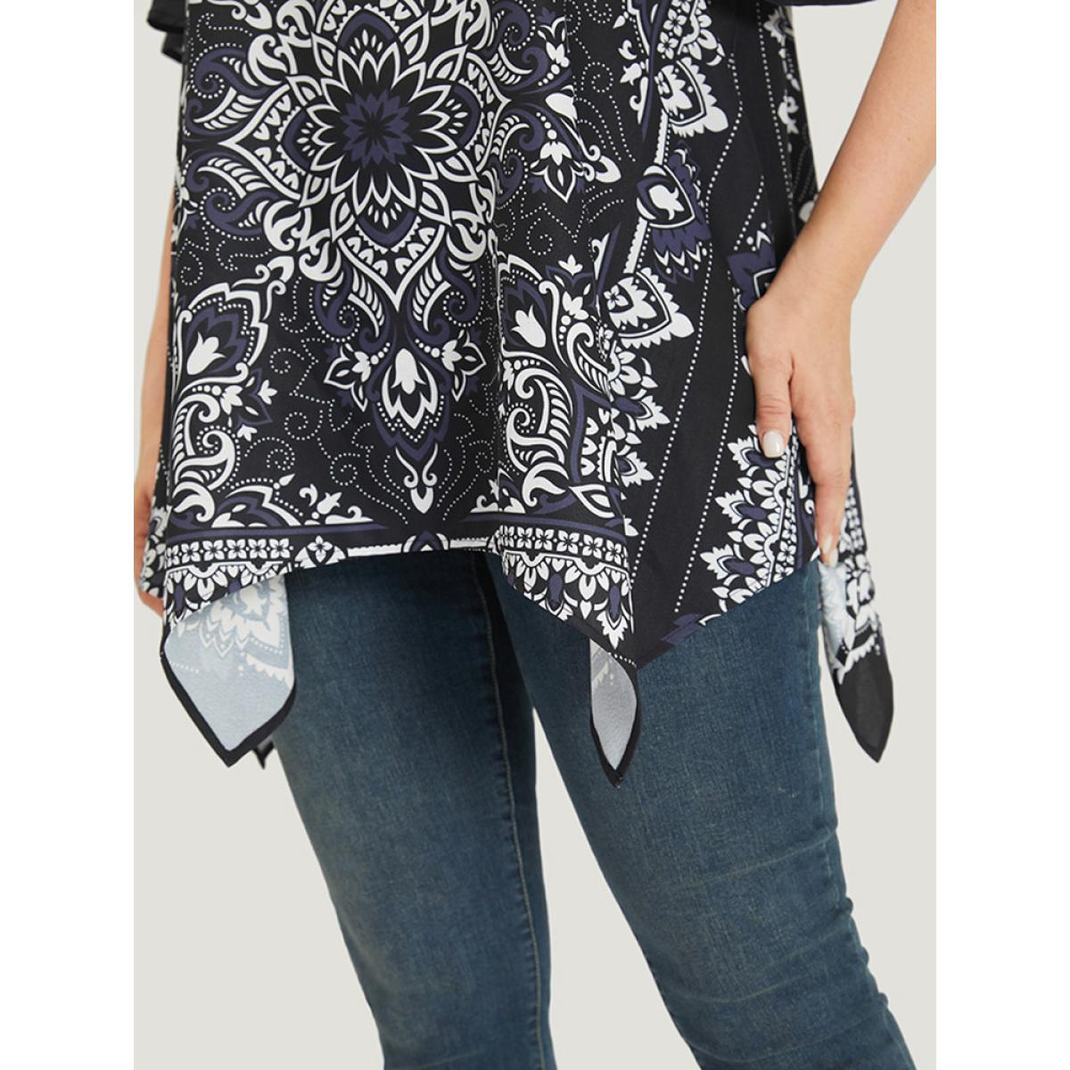 Plus Size Black Boho Print Crew Neck Flutter Sleeve Hanky Hem Blouse Women Vacation Short sleeve Round Neck Dailywear Blouses BloomChic 10/M Product Image