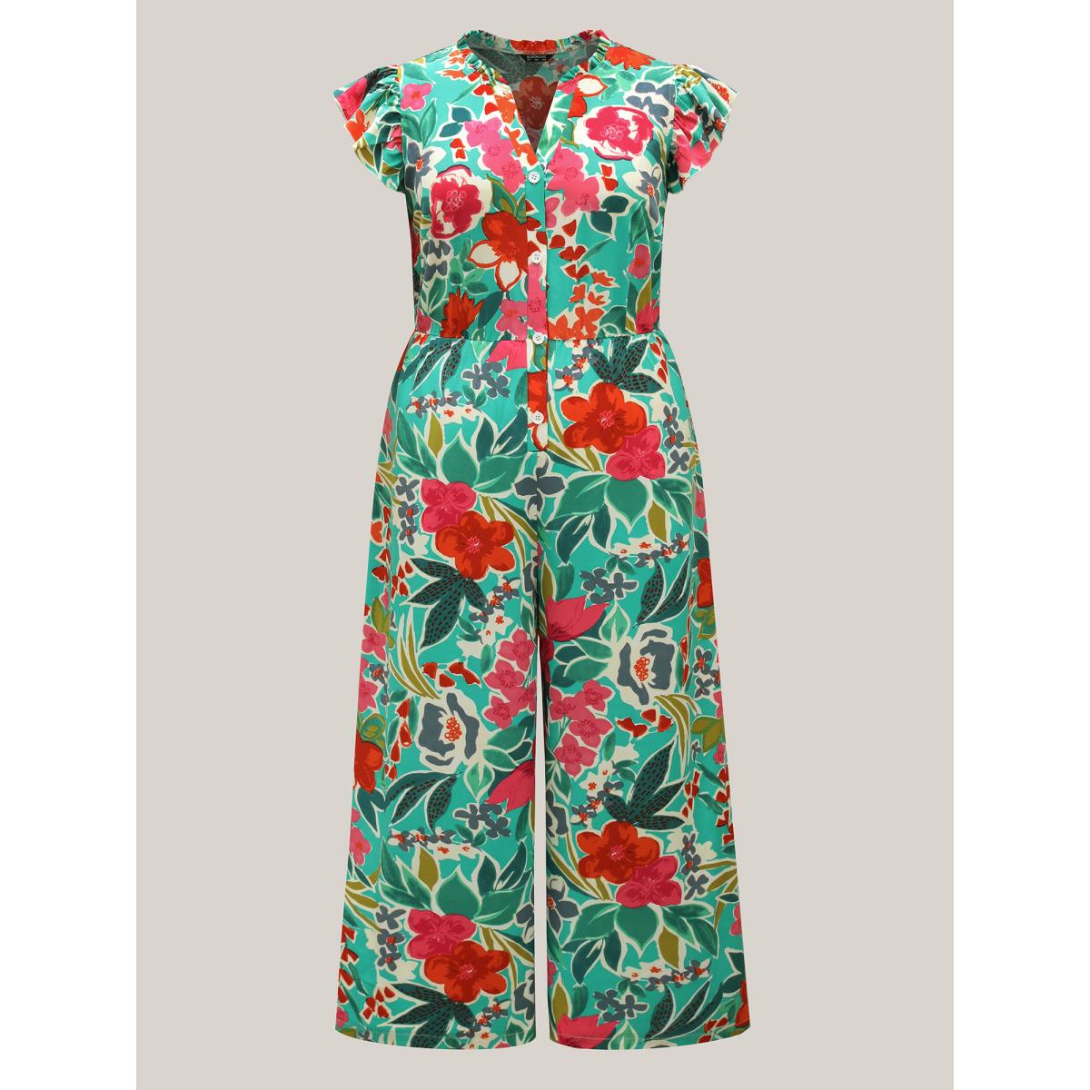 Plus Size Malachitegreen Sunkissed Floral Print Button Wide-Leg Jumpsuit Women Resort Cap Sleeve Notched collar Vacation Loose Jumpsuits BloomChic 12/L Product Image