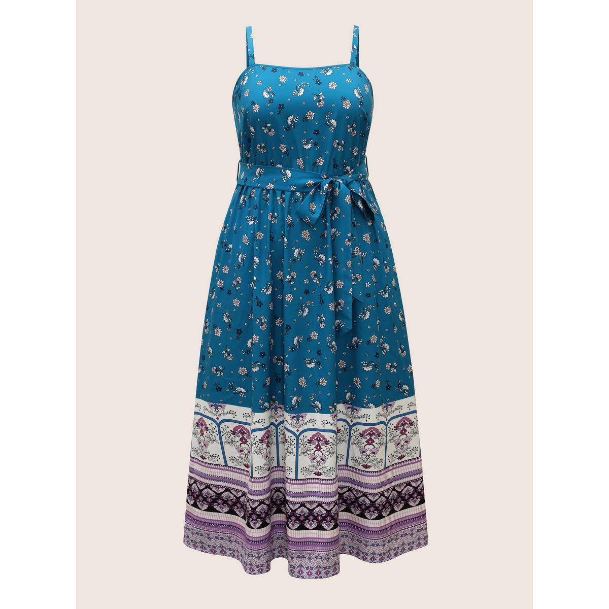 Plus Size Boho Print Patchwork Belted Cami Dress Cerulean Women Resort Belted Non Sleeveless Curvy BloomChic 26/4X Product Image