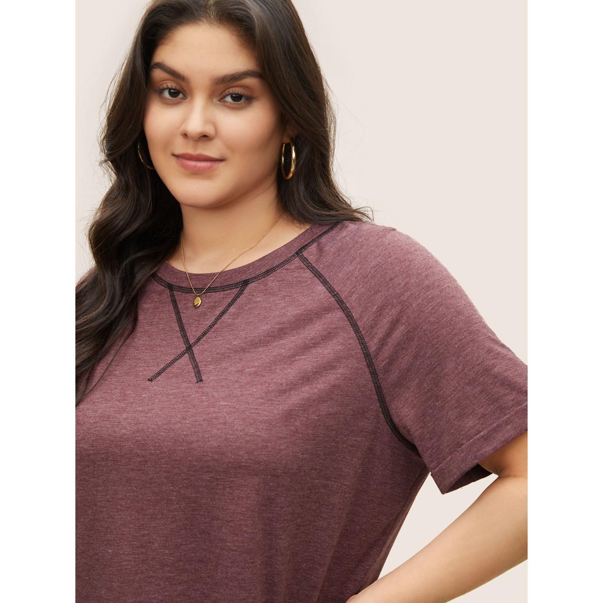Plus Size Heather Contrast Stitch Raglan Sleeve T-shirt Russet Women Casual Contrast Round Neck Everyday T-shirts BloomChic 14-16/1X Product Image