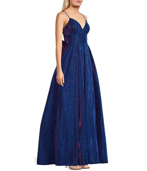 B. Darlin V-Neck Spaghetti Strap Bow Back Gown Product Image