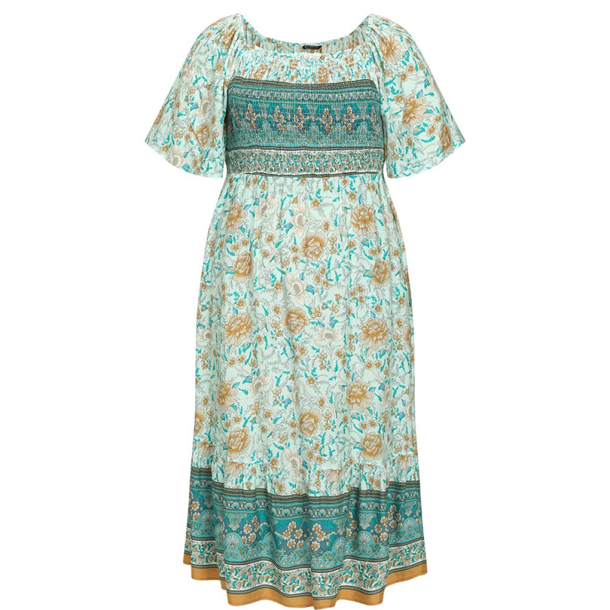 Plus Size Floral Print Shirred Square Neck Dress Turquoise Women Vacation Gathered Square Neck Short sleeve Curvy Midi Dress BloomChic 26/4X Product Image