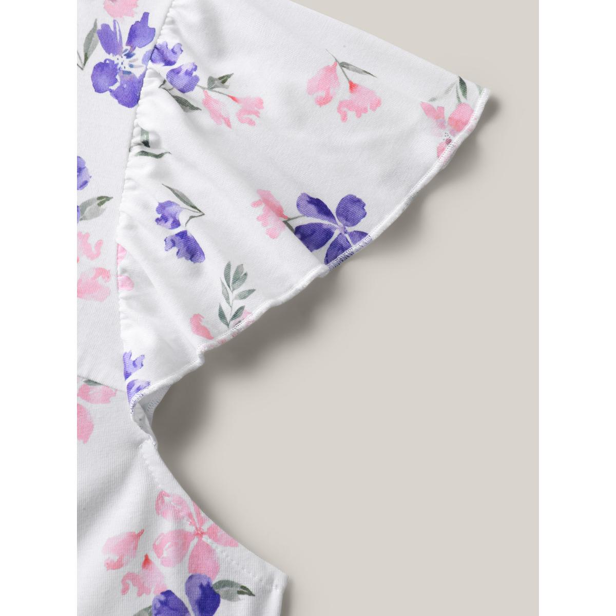 Plus Size Floral Print Flutter Sleeve Layered T-Shirt Multicolor Women Gathered Natural Flowers Round Neck Everyday-Elegant T-shirts BloomChic 10/M Product Image