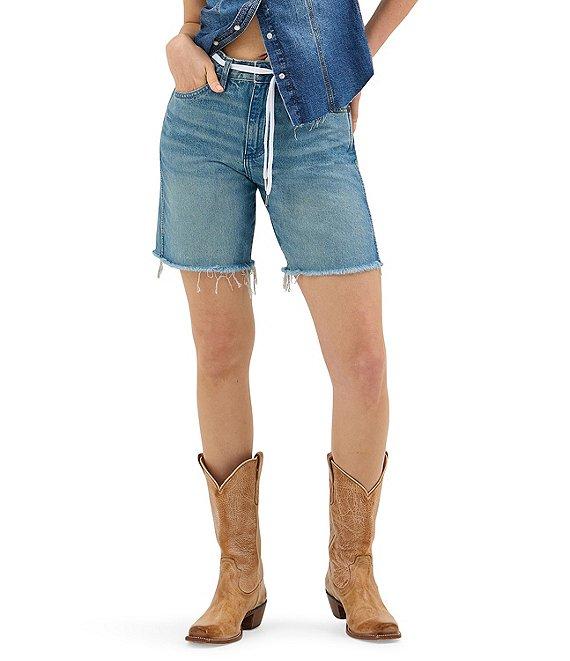 Wrangler Cowboy High Rise Long Line Raw Hem Denim Shorts Product Image