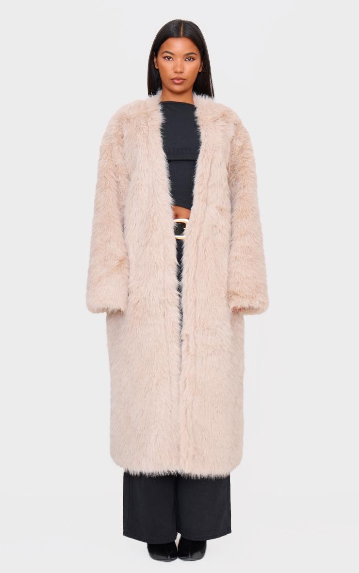 Stone Faux Fur Collarless Coat Product Image