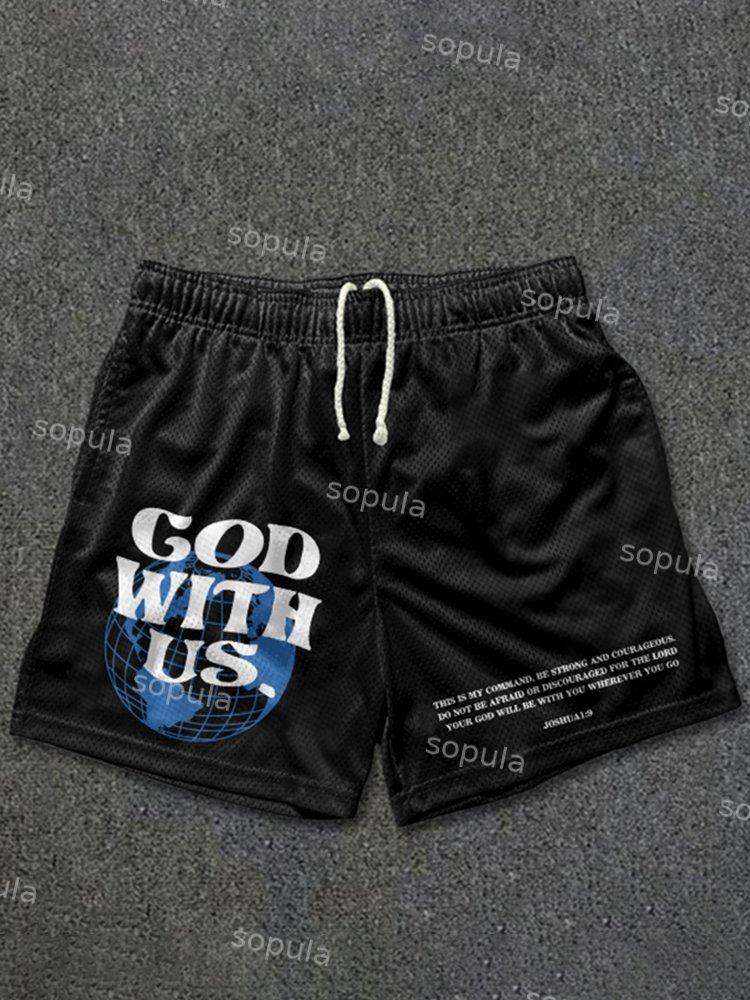 Vintage God With Us Gradient Graphic Casual Street Mesh Shorts Product Image