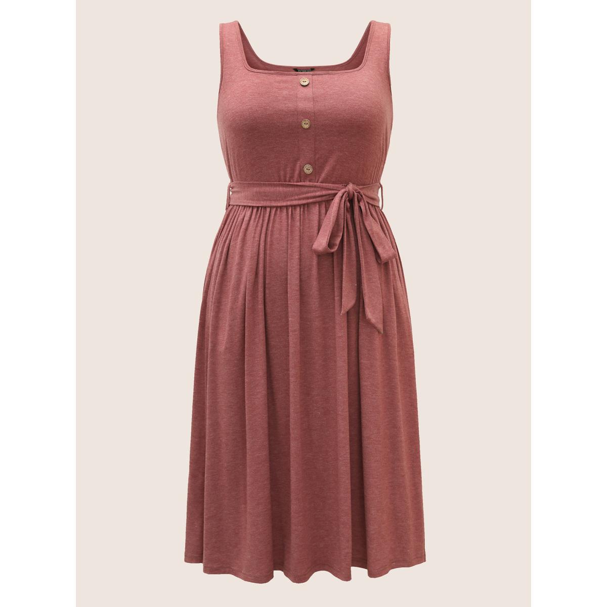 Plus Size Supersoft Essentials Button Detail Belted Gathered Dress Scarlet Women Casual Gathered Square Neck Sleeveless Curvy Midi Dress BloomChic 12/L Product Image