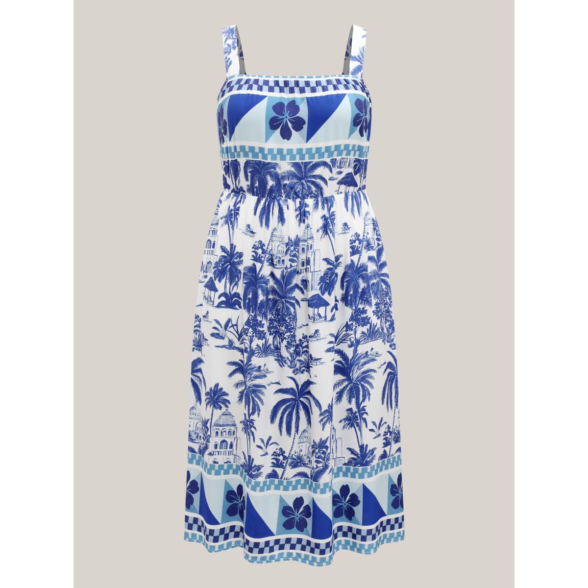 Plus Size Garden Print Stretchy Waist Pockets Midi Dress Skyblue Women Halter neck Sleeveless Curvy BloomChic 26/4X Product Image