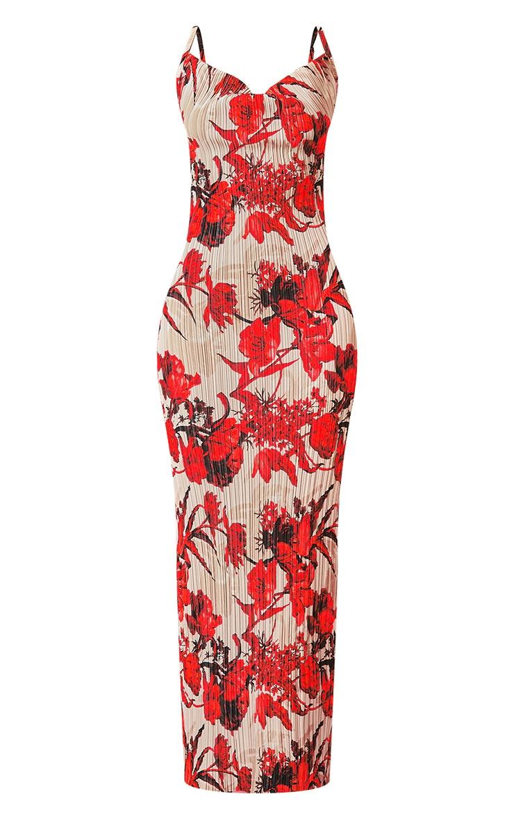 Nude Floral Print Plisse Strappy Maxi Dress Product Image
