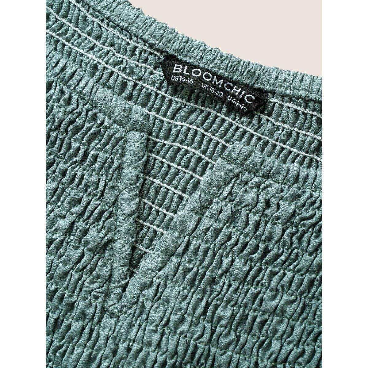 Plus Size Emerald Notched Collar Shirred Ruffle Sleeve Blouse Women Casual Half Sleeve Notched collar Everyday Blouses BloomChic 10/M Product Image